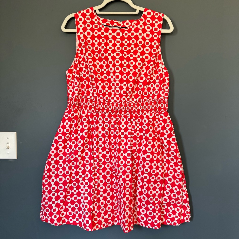 Boden Red & White Geometric US Sz 12P Smocked Waist Mini Dress Sleeveless A-Line